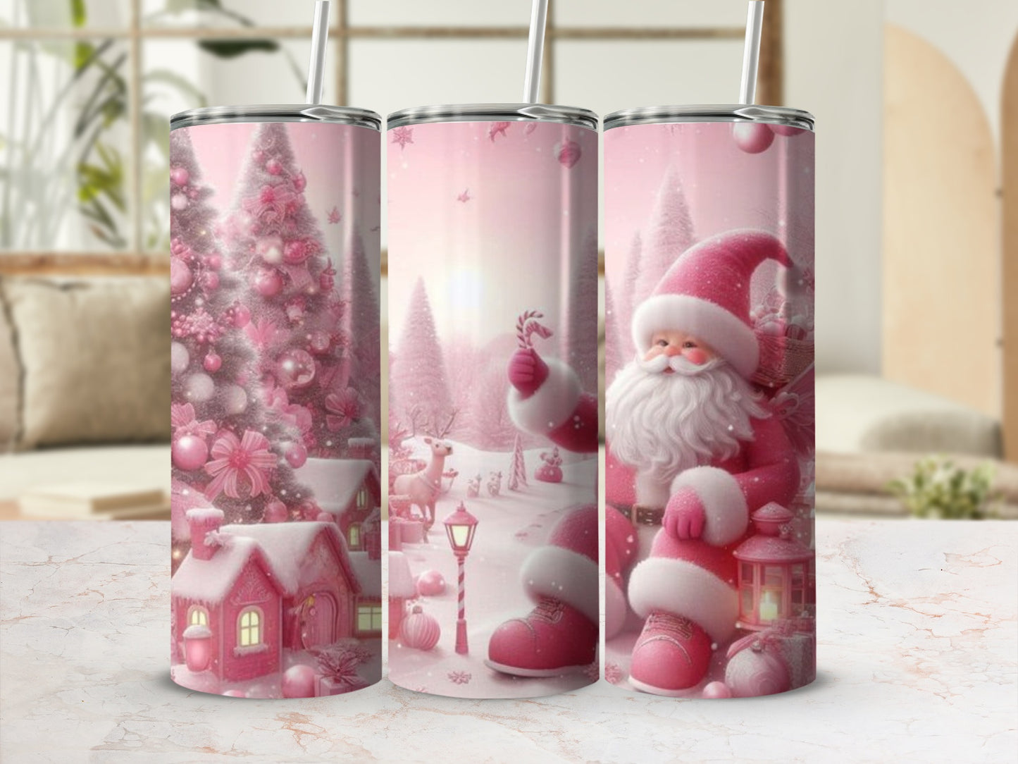 Pink Christmas Santa and Holiday Scene Tumbler
