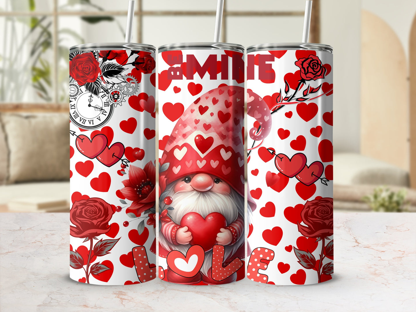 Cute Red Hearts Gnome Design Love Tumbler Product