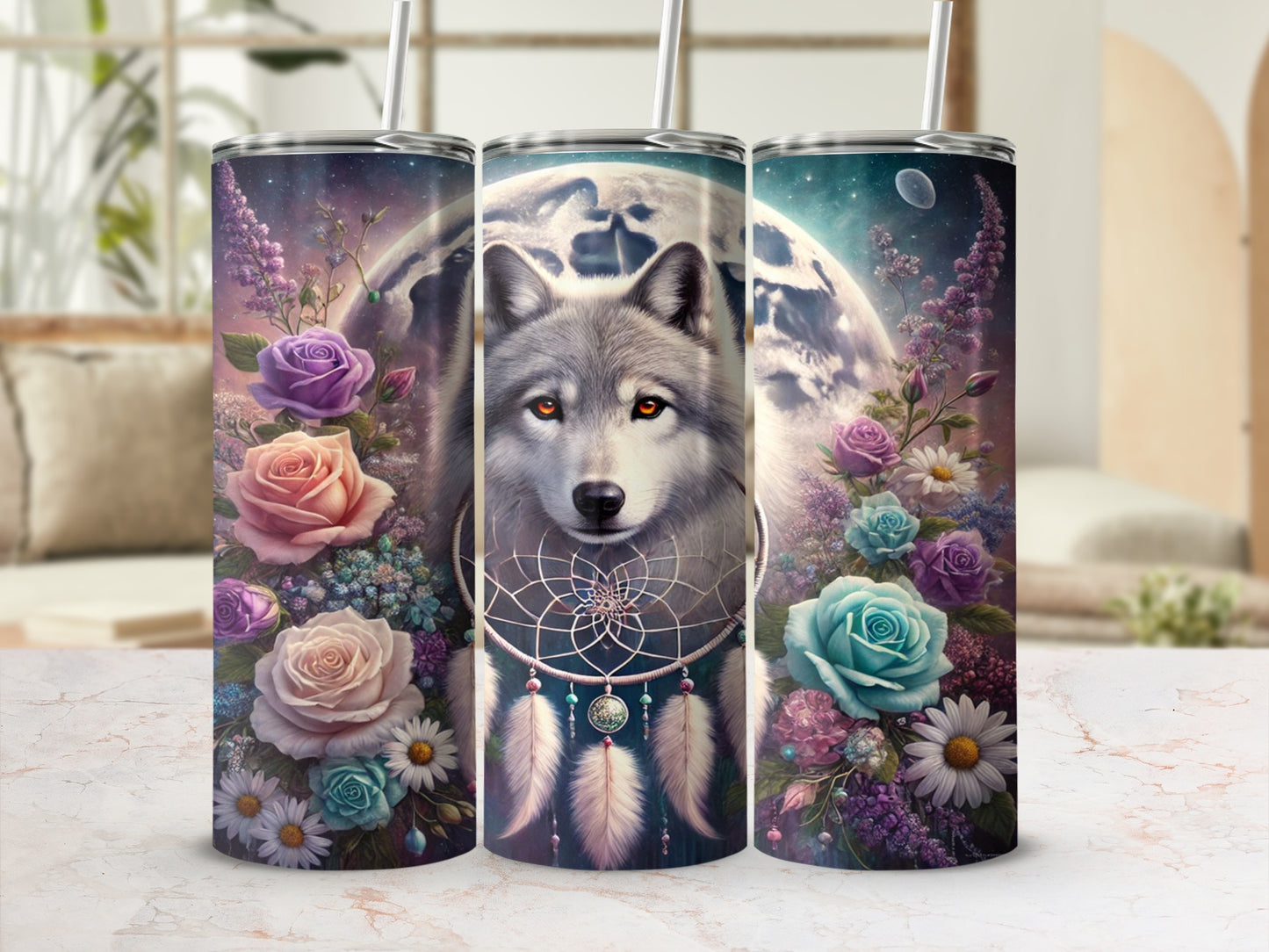 Wolf and Floral Dreamcatcher Tumbler in Cosmic Design