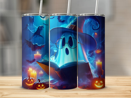 Halloween tumblers with ghosts, pumpkins, bats, and candles on a blue background.