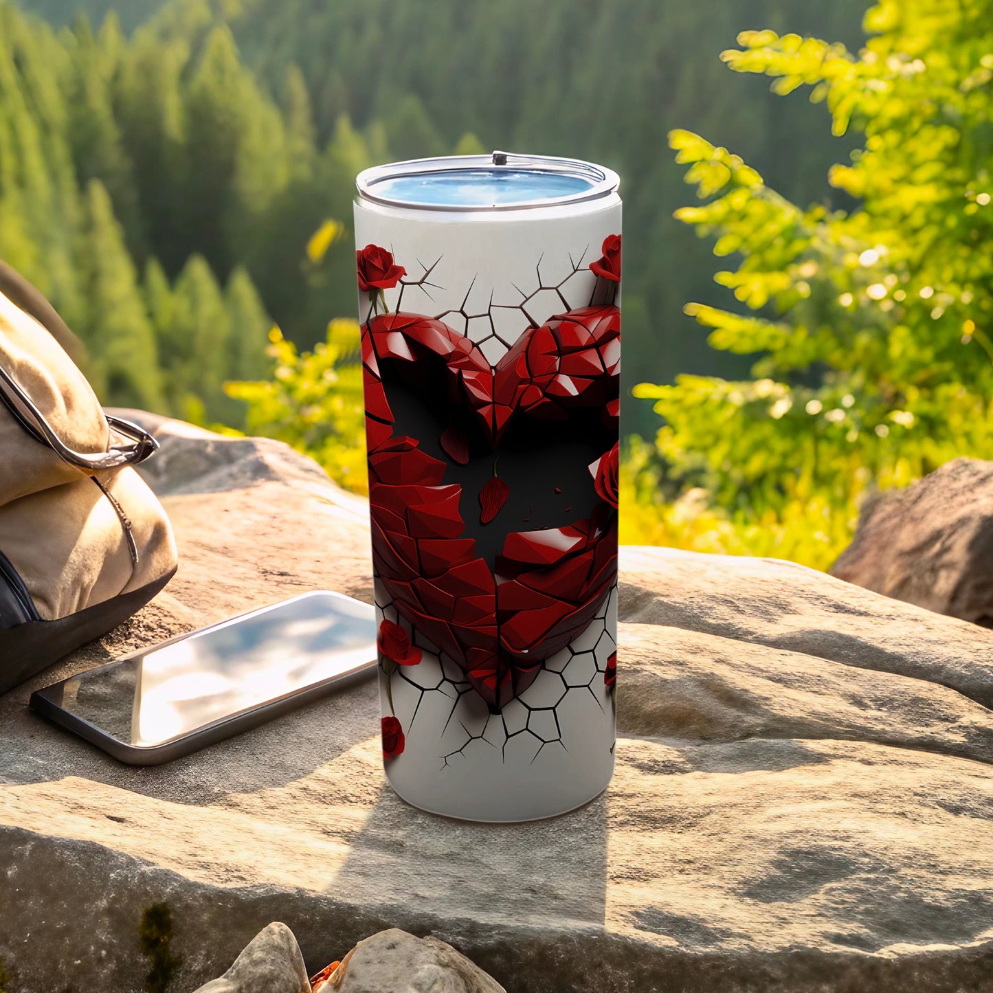 Cracked Heart Design Tumbler Mug with Rose Graphics