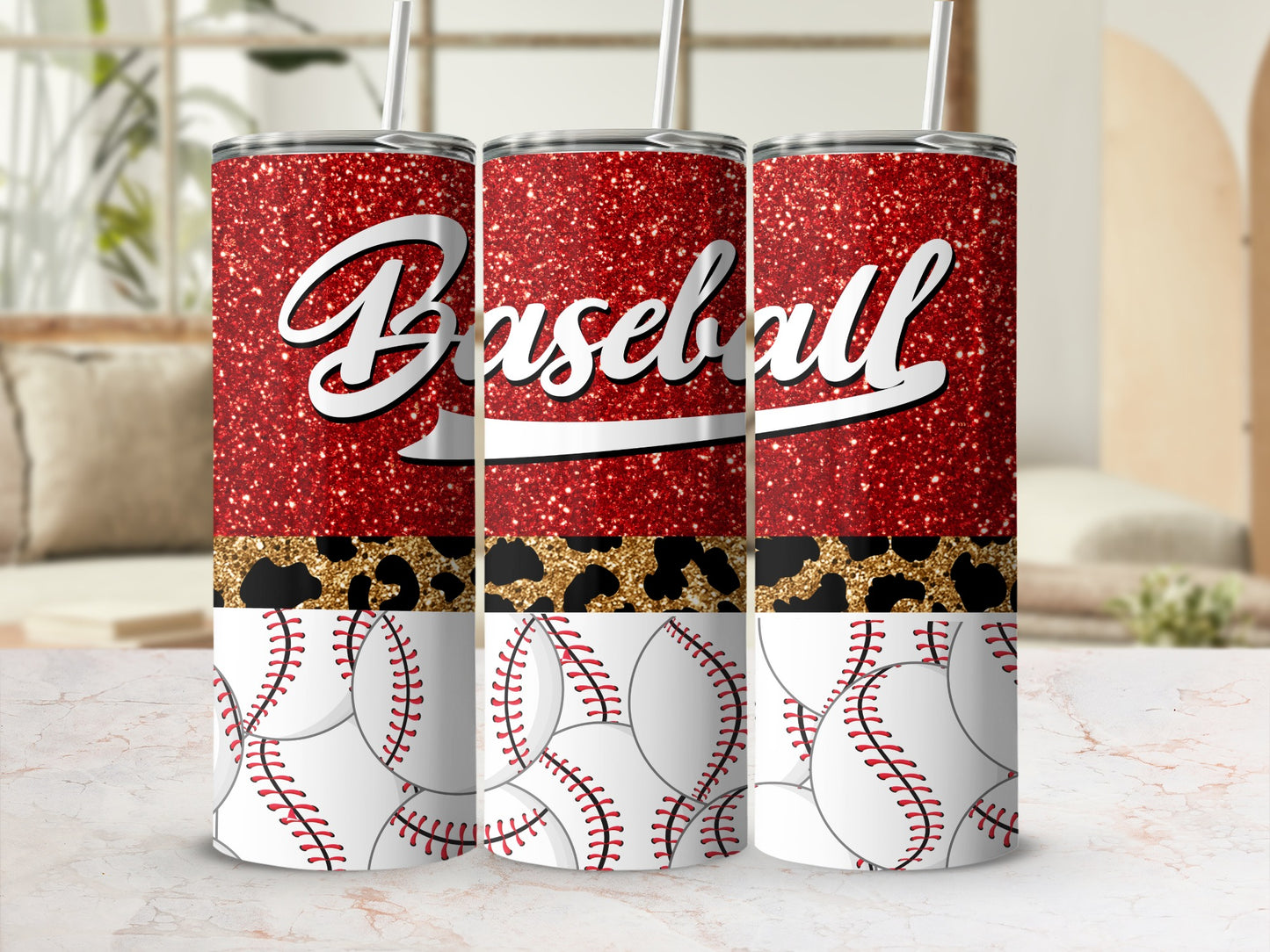 Baseball Print Red Glitter Leopard Baseball Tumbler