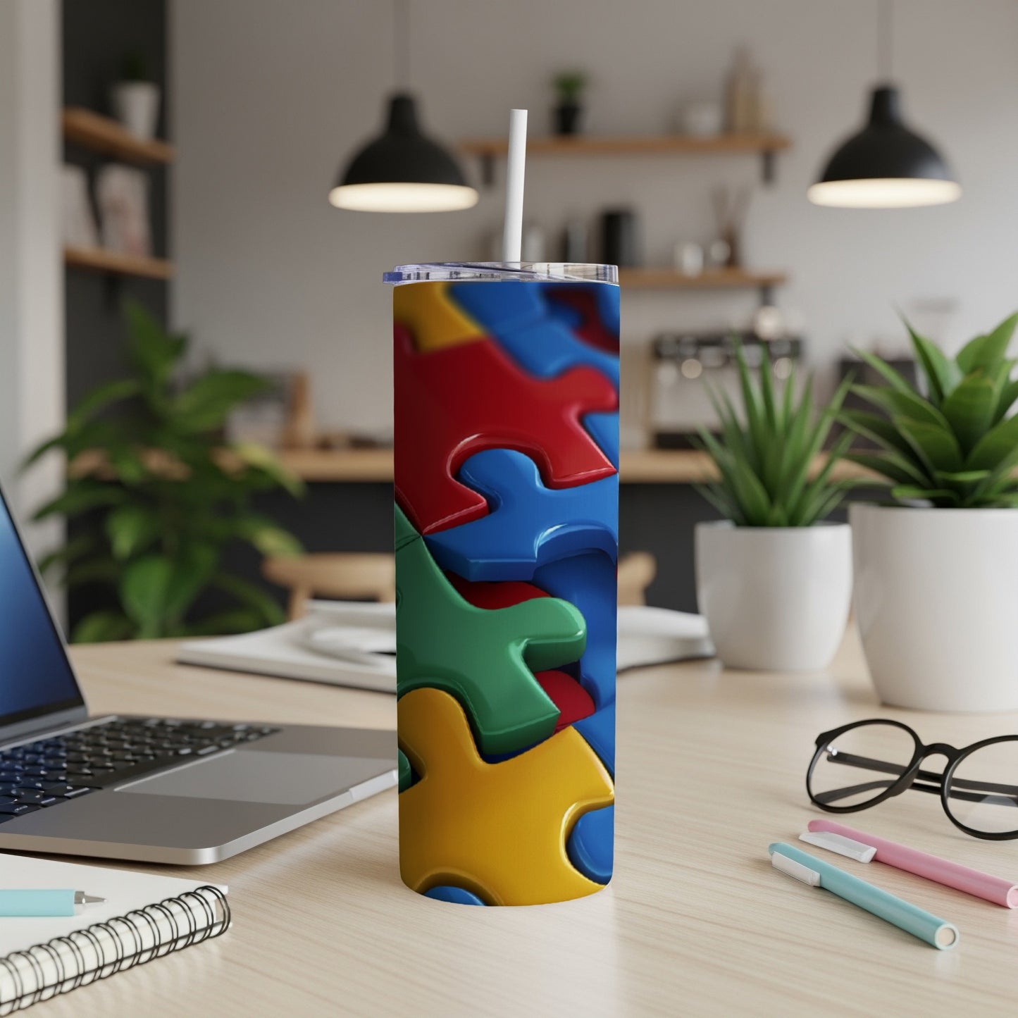 Colorful puzzle pieces on a white tumbler with a straw.