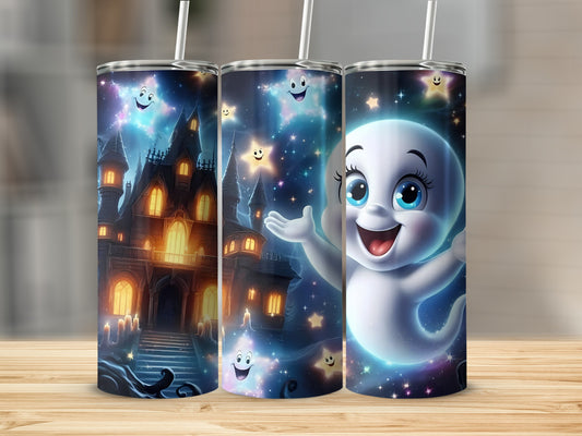 Three tumblers featuring a spooky haunted house, Casper the friendly ghost, and smiling stars.