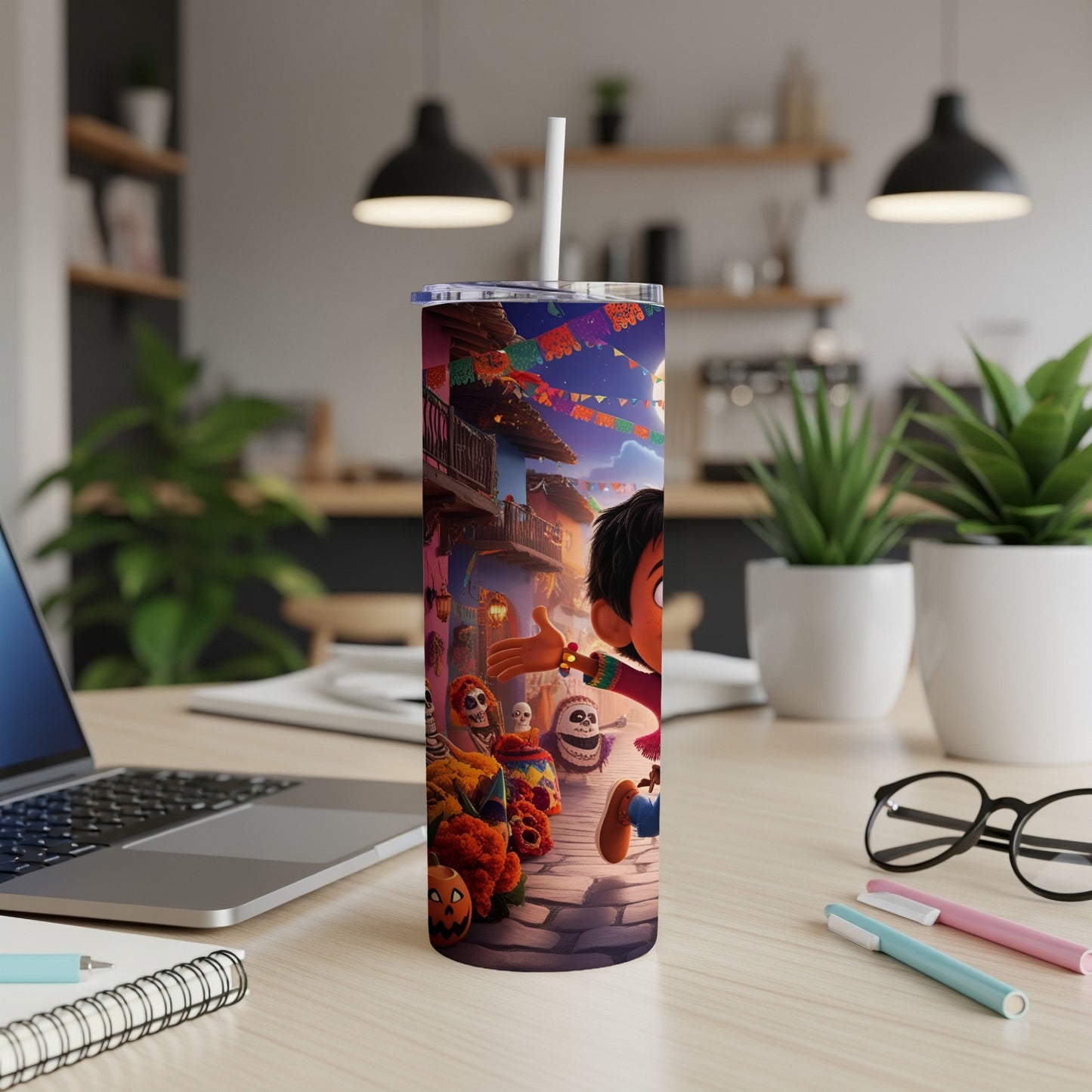 Tall tumbler with colorful Día de Muertos characters and motifs.