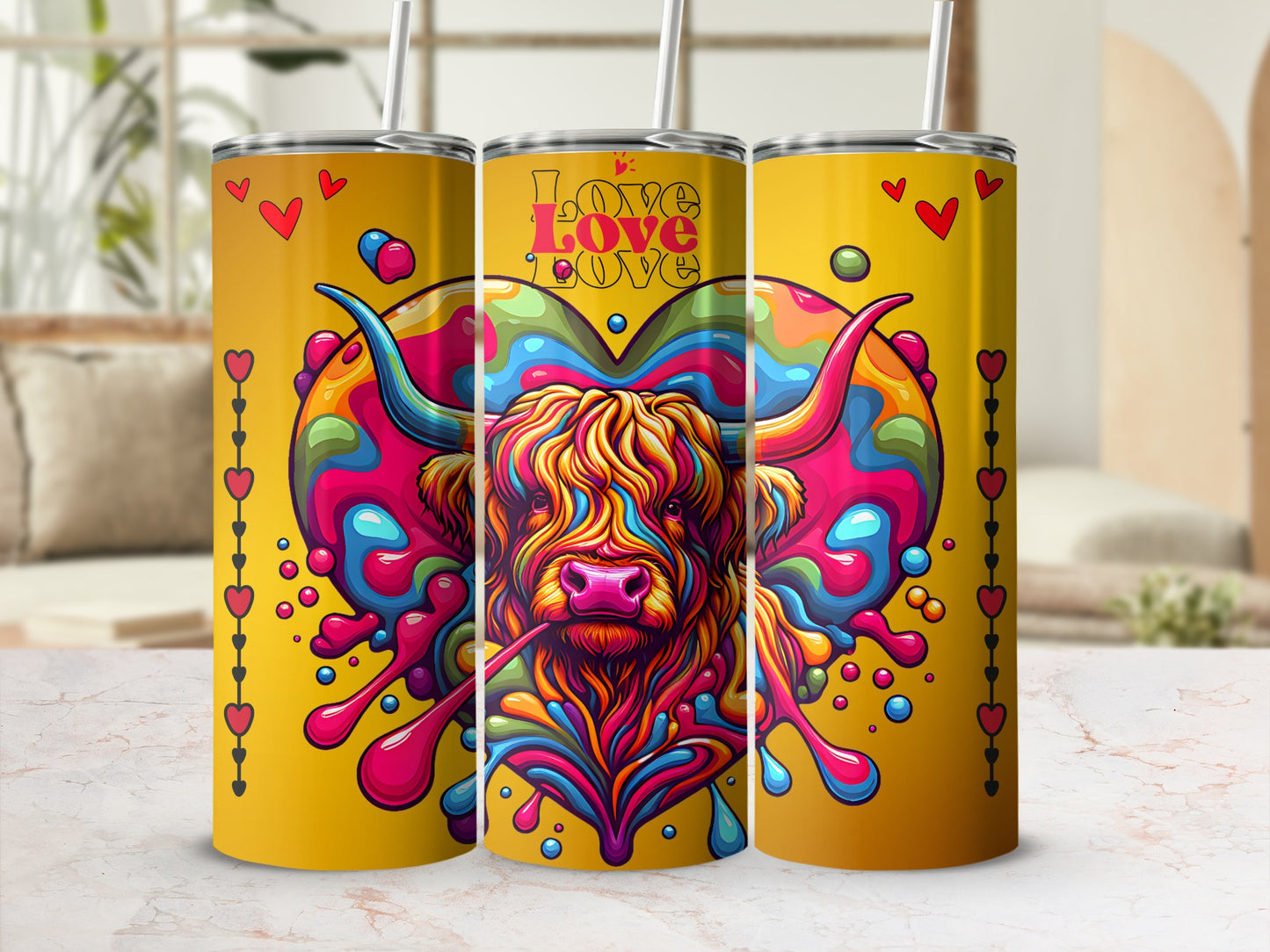 Colorful Psychedelic Bull Love Design Thermos Flask