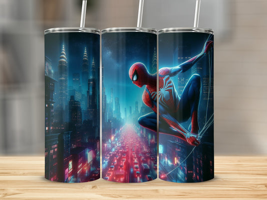 Spider-Man Swinging Over Cityscape Tumbler