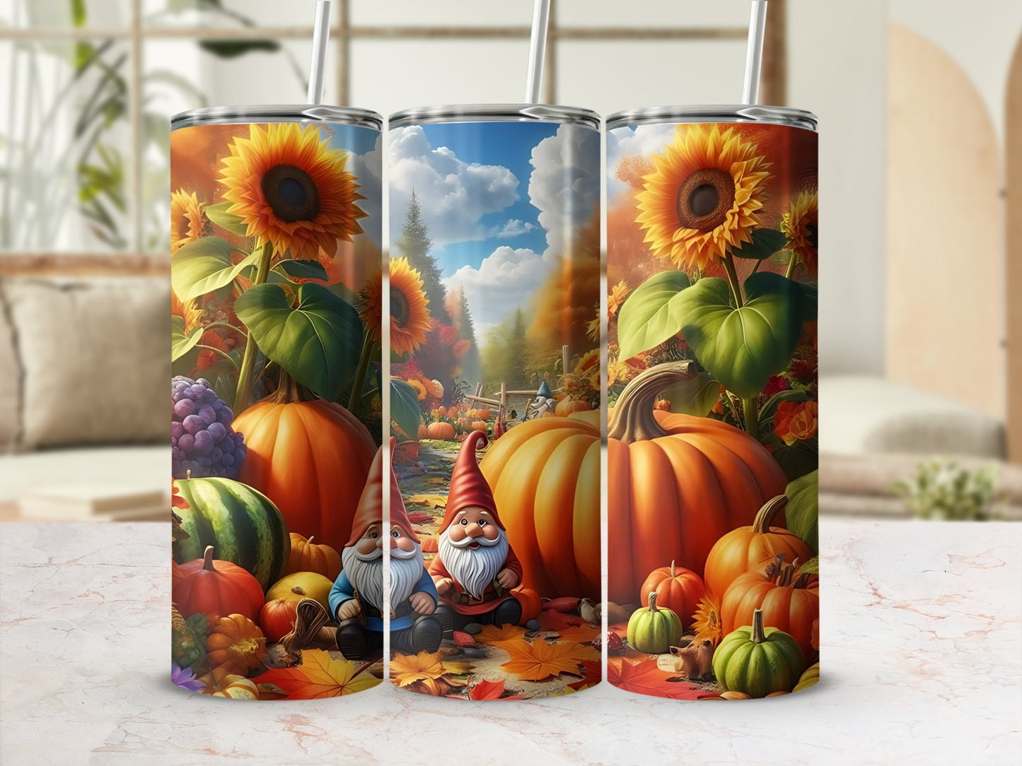 Autumn Gnome Pumpkin And Sunflower Tumbler Cup