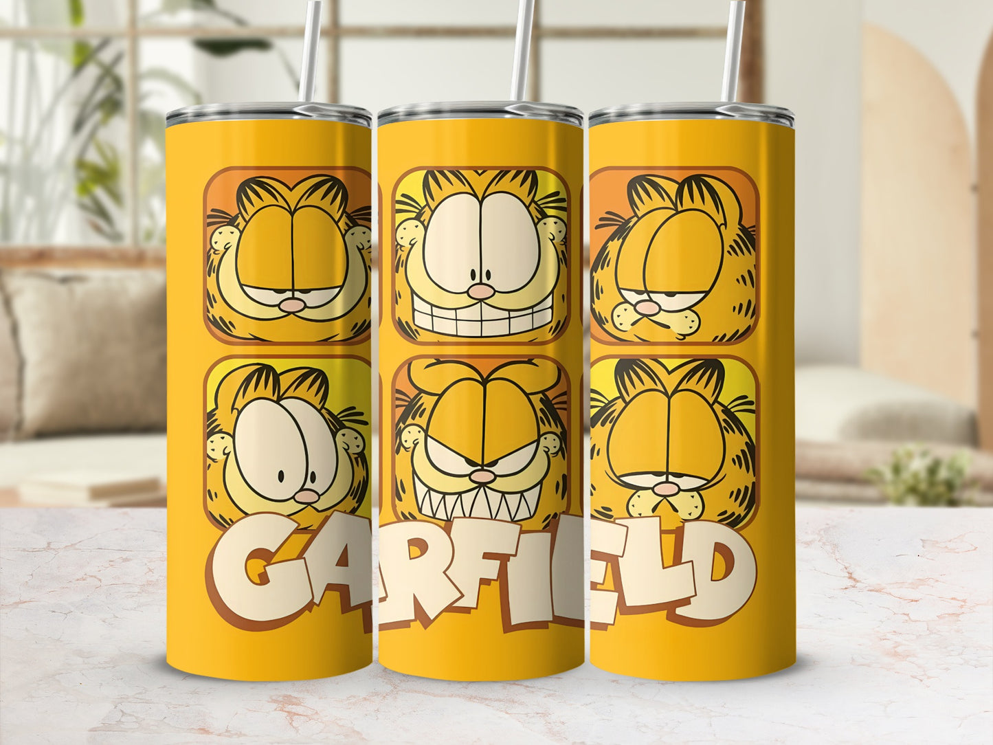 Garfield Character Faces On Yellow Background Tumbler