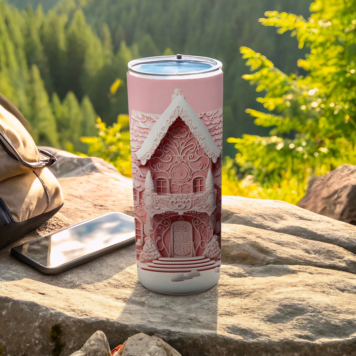 Pink gingerbread house tumbler with detailed architectural elements on a rock.