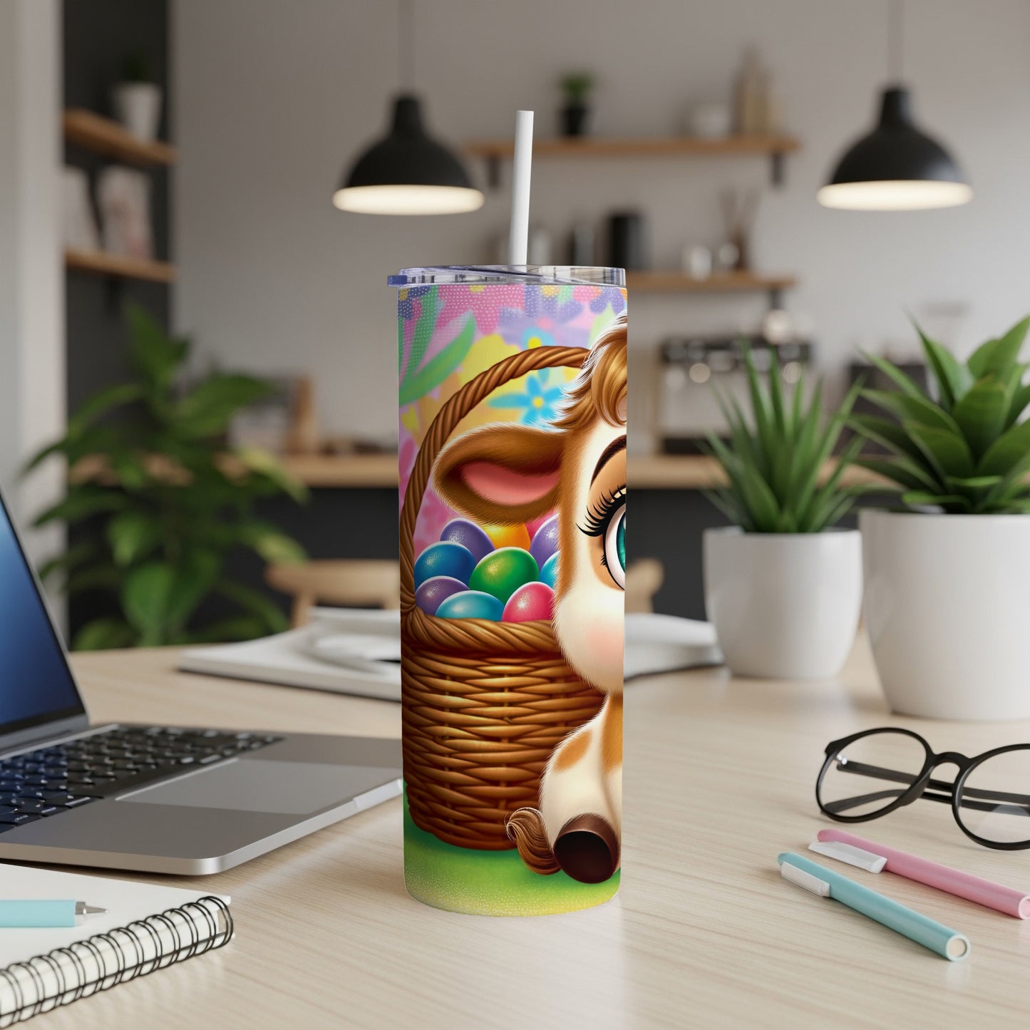 Cute cartoon cow with colorful Easter eggs in a basket.