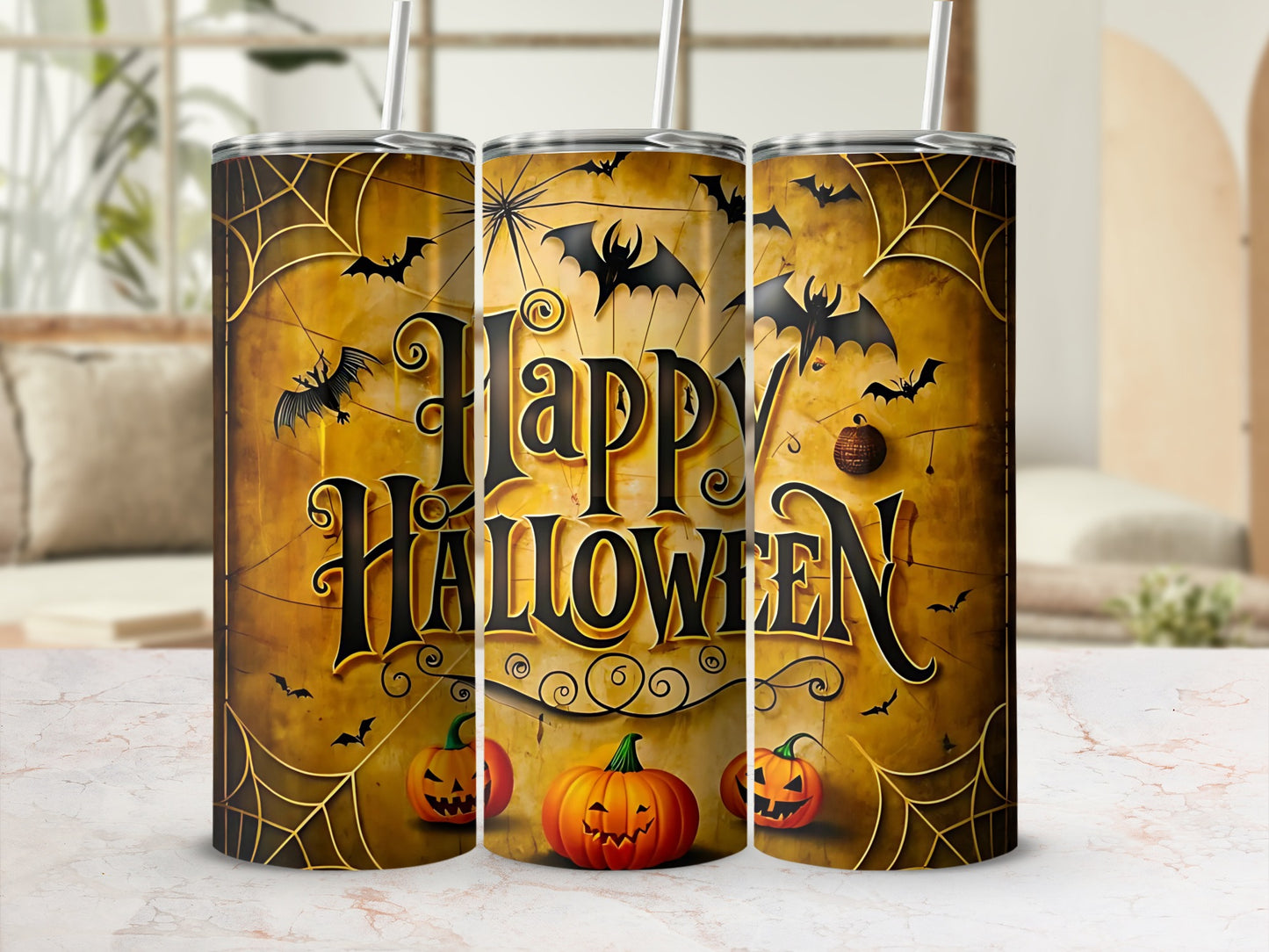 Happy Halloween tumbler with pumpkins and bats design