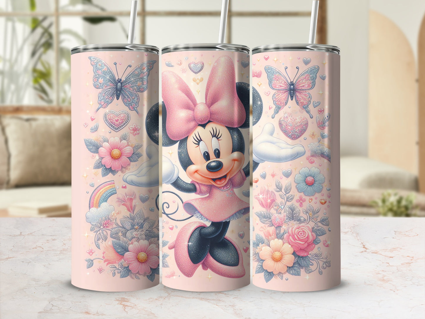 Pink Floral Minnie Mouse Tumbler with Butterflies Design