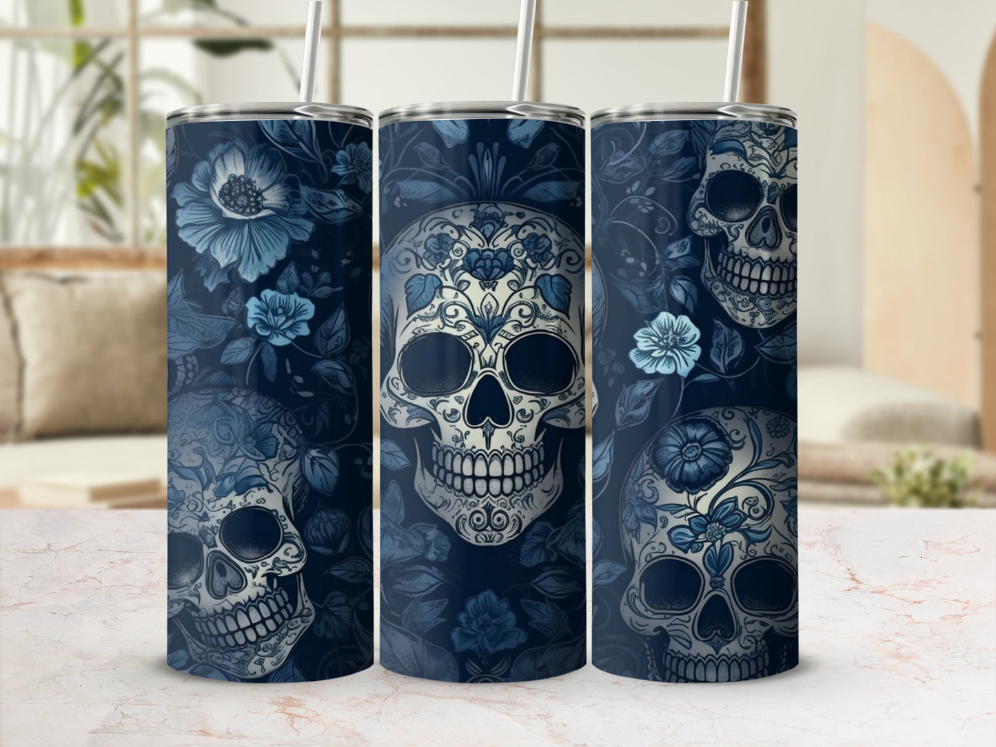 Dark Blue Floral Skull Tumbler for Stylish Sipping