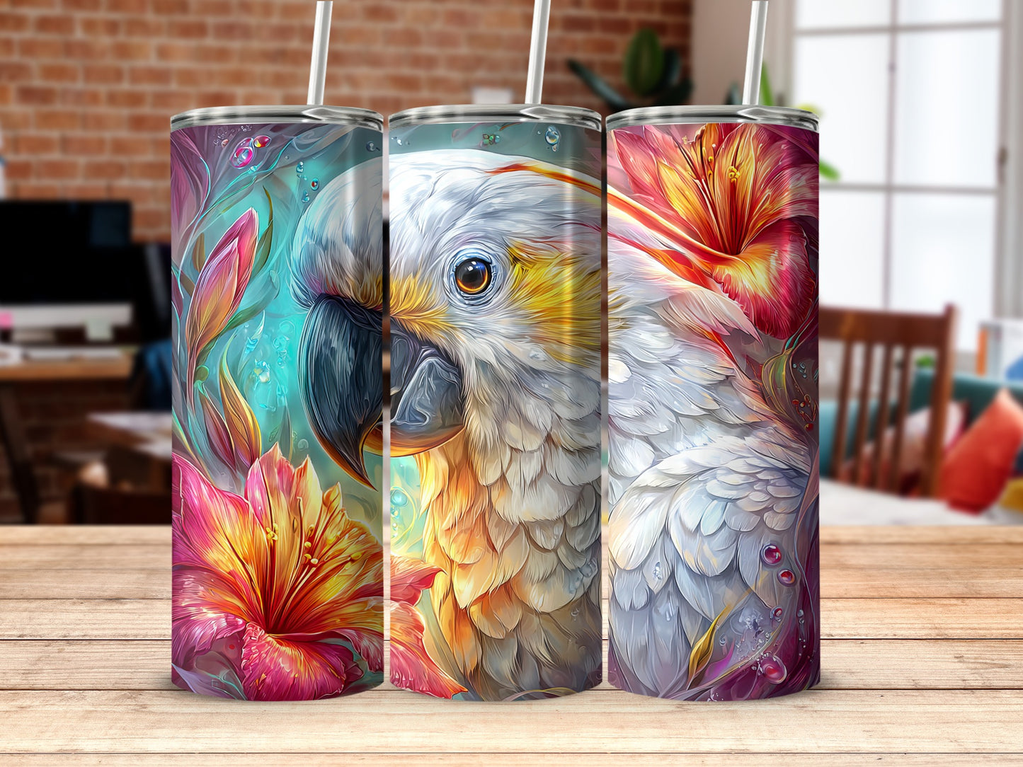 Colorful Parrot and Floral Design Tumbler