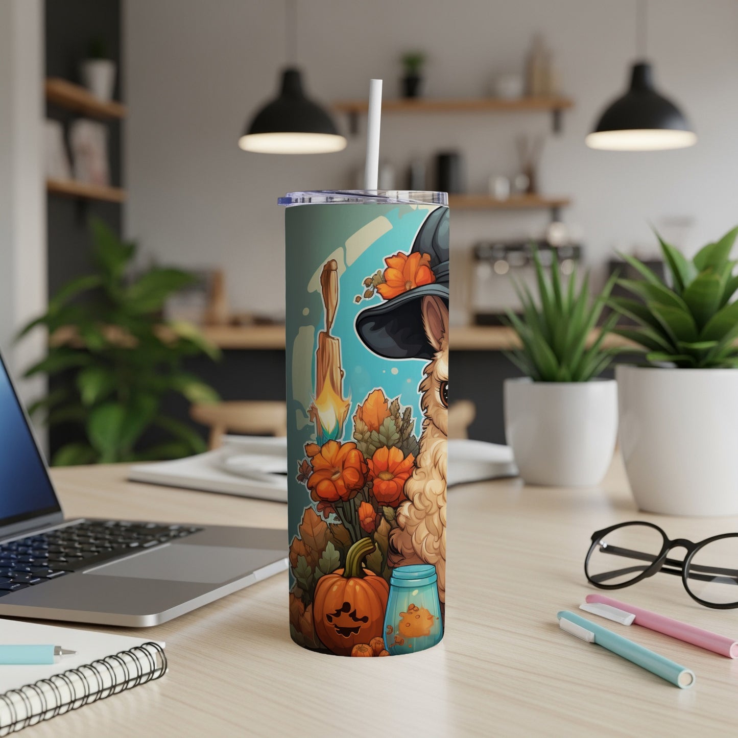 Tumbler with llama wearing witch hat and Halloween pumpkin design.