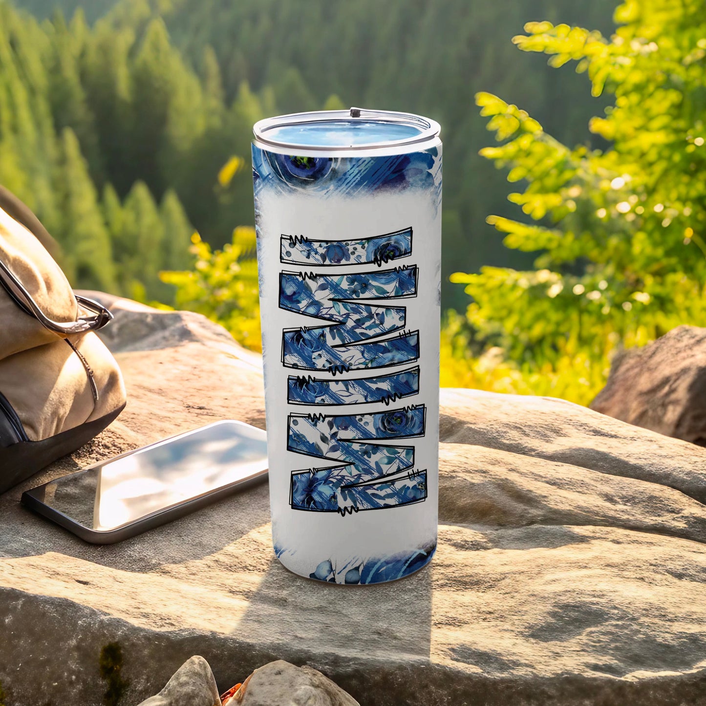 Blue Floral Rectangular Segments Abstract Art Tumbler