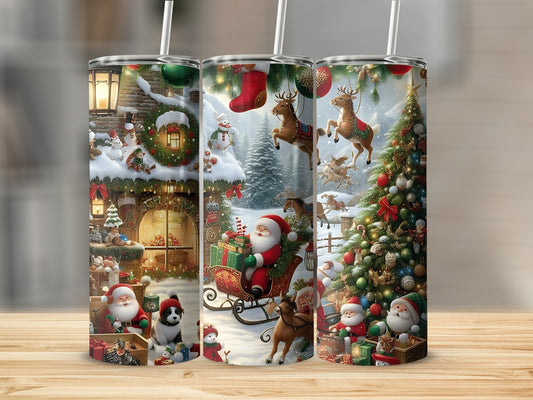 Festive Christmas Santa and Reindeer Holiday Tumbler