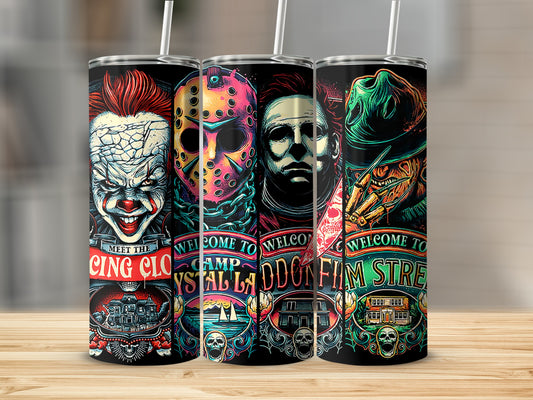 Three horror movie character tumblers: Pennywise, Jason Voorhees, and Michael Myers.
