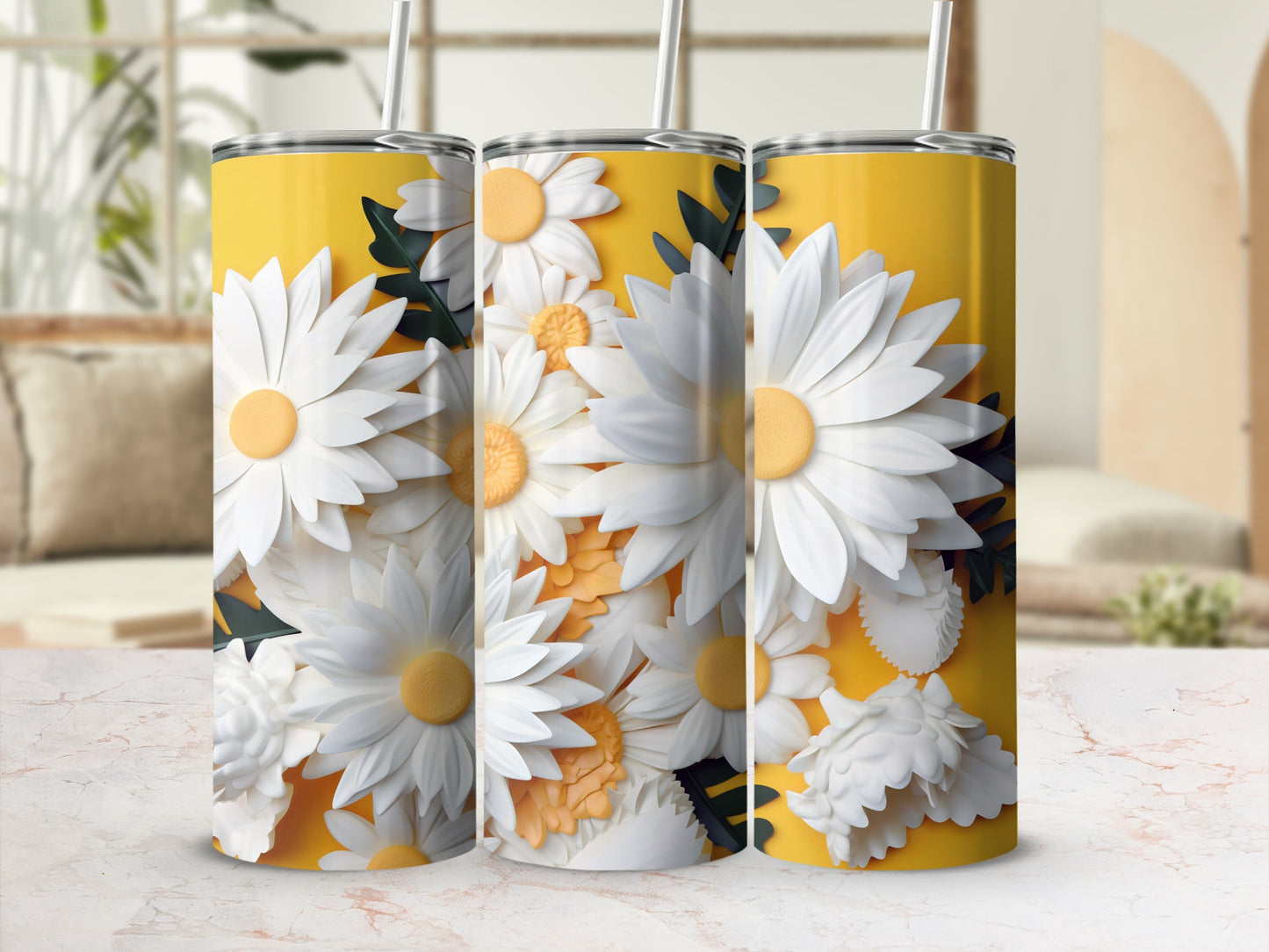 Vibrant White Daisies Design Tumbler with Straw Cup