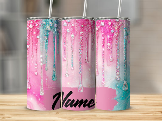 Three tumblers with pink and blue dripping glitter and jewel designs, "Name" text.