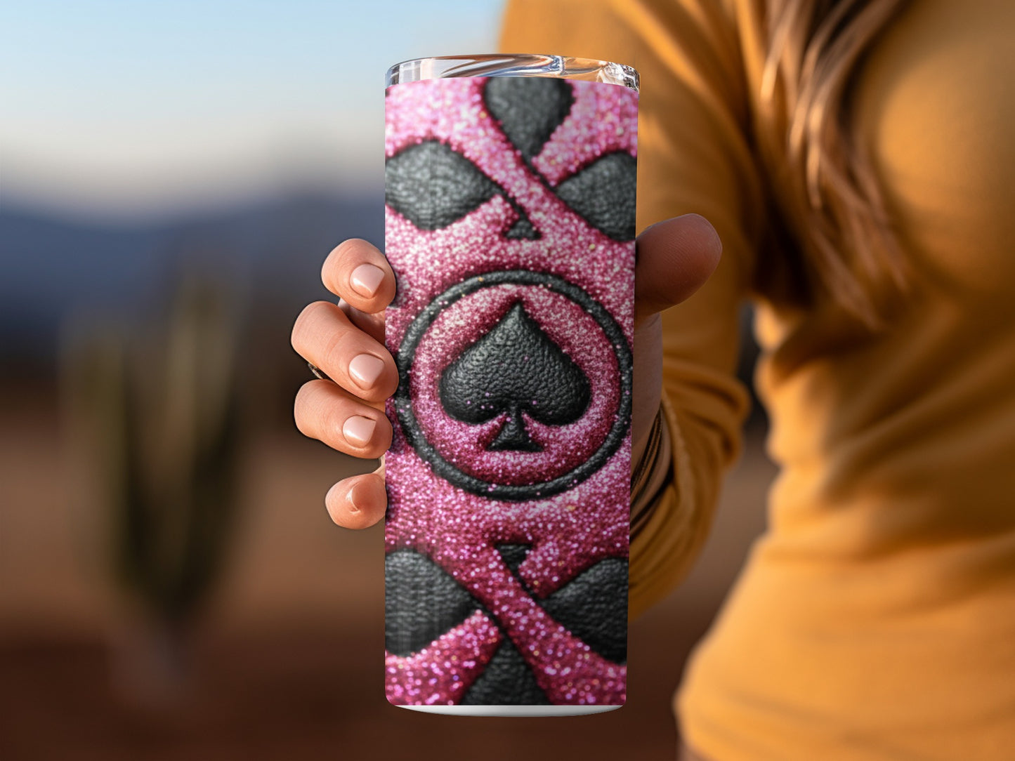 Pink Glitter Spade Pattern Black Spade Shape Tumblers