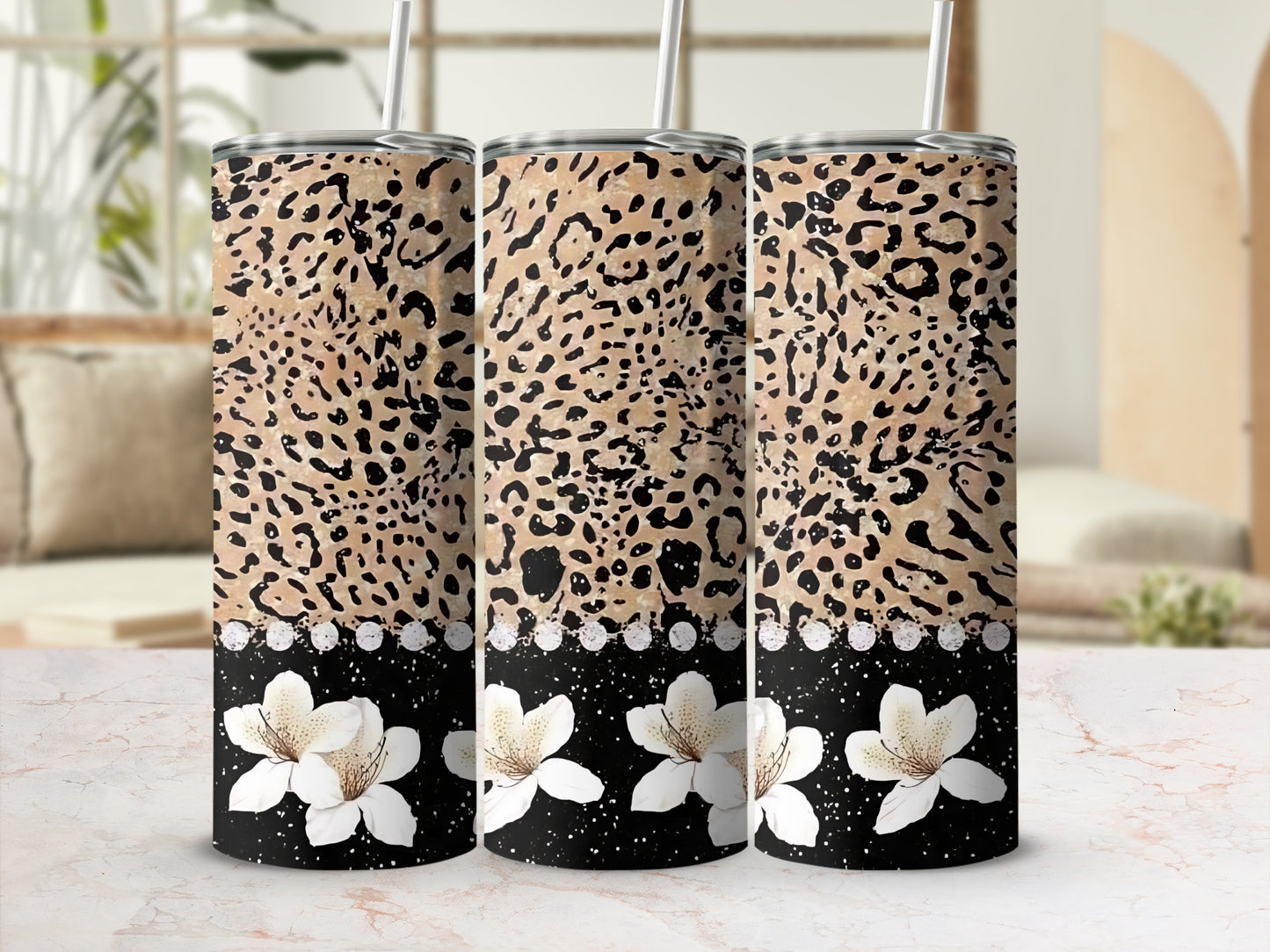 Leopard Print and Floral Pattern Stainless Steel Tumbler