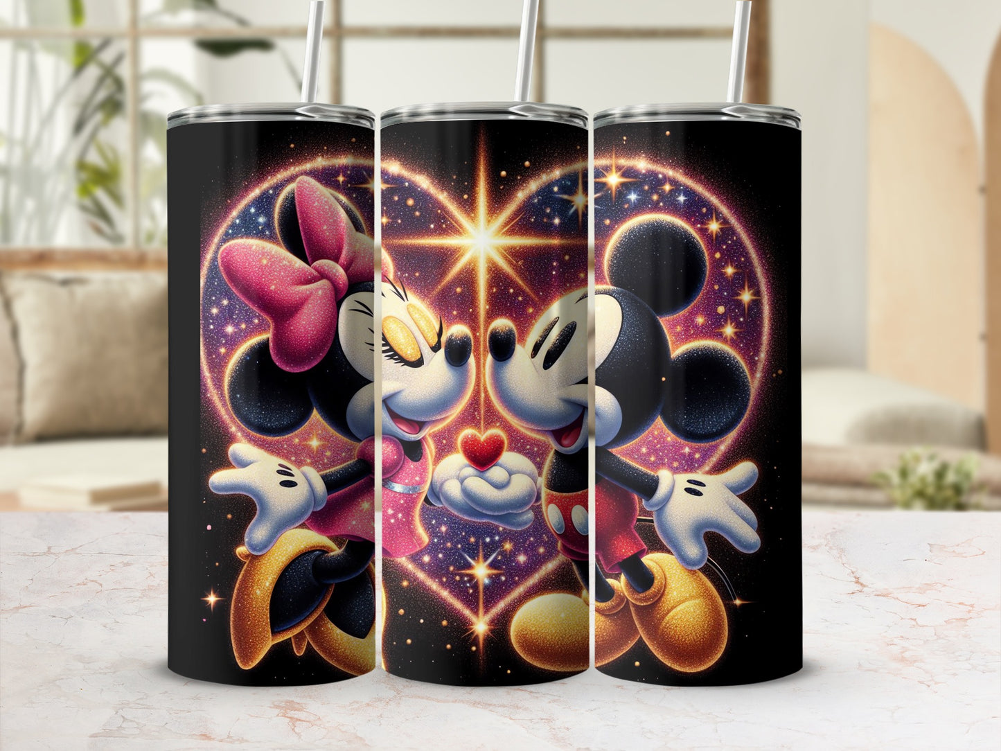 Cute Mickey and Minnie Mouse Glitter Tumbler
