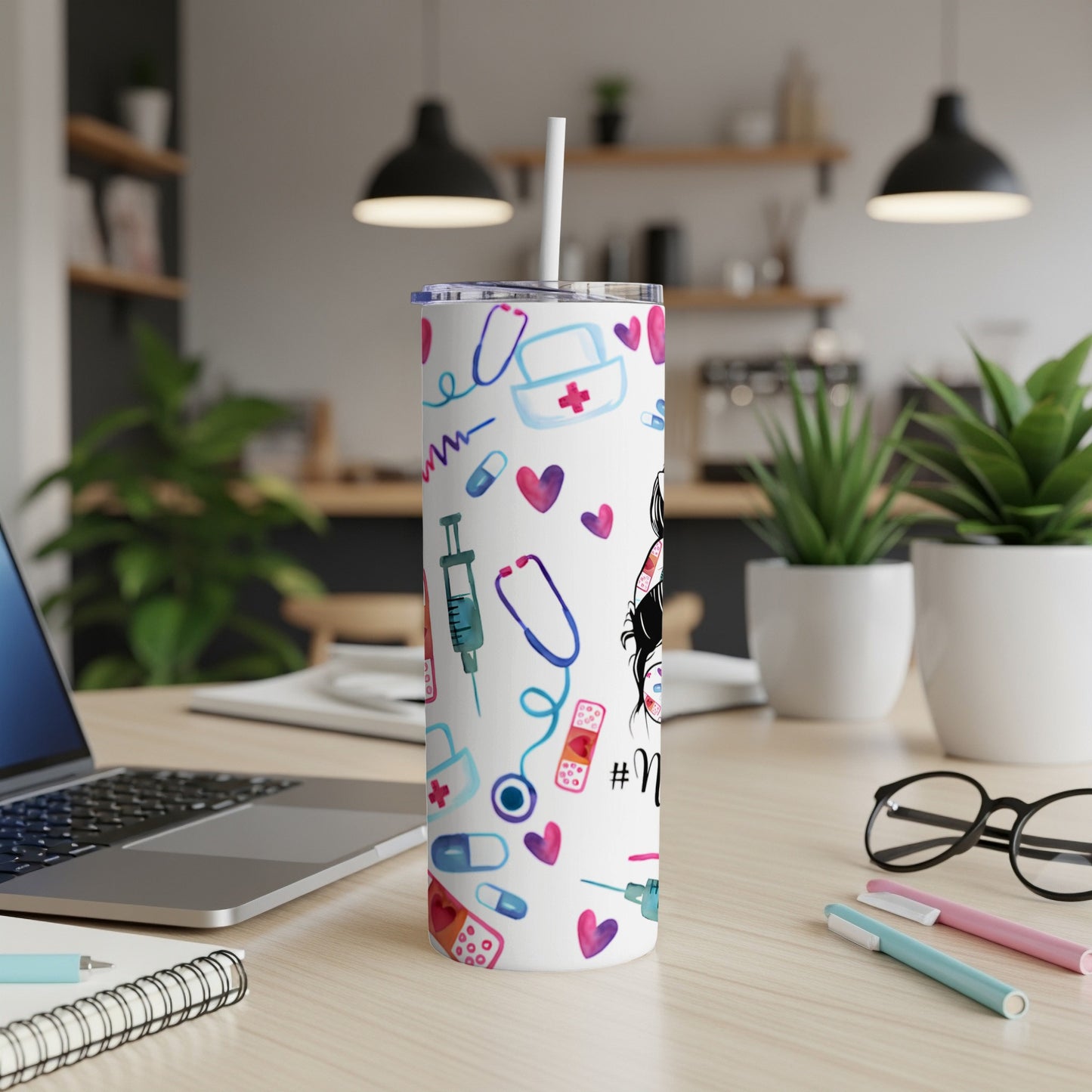 Tumbler with medical icons: stethoscope, syringe, heart, pills, and nurse illustration.