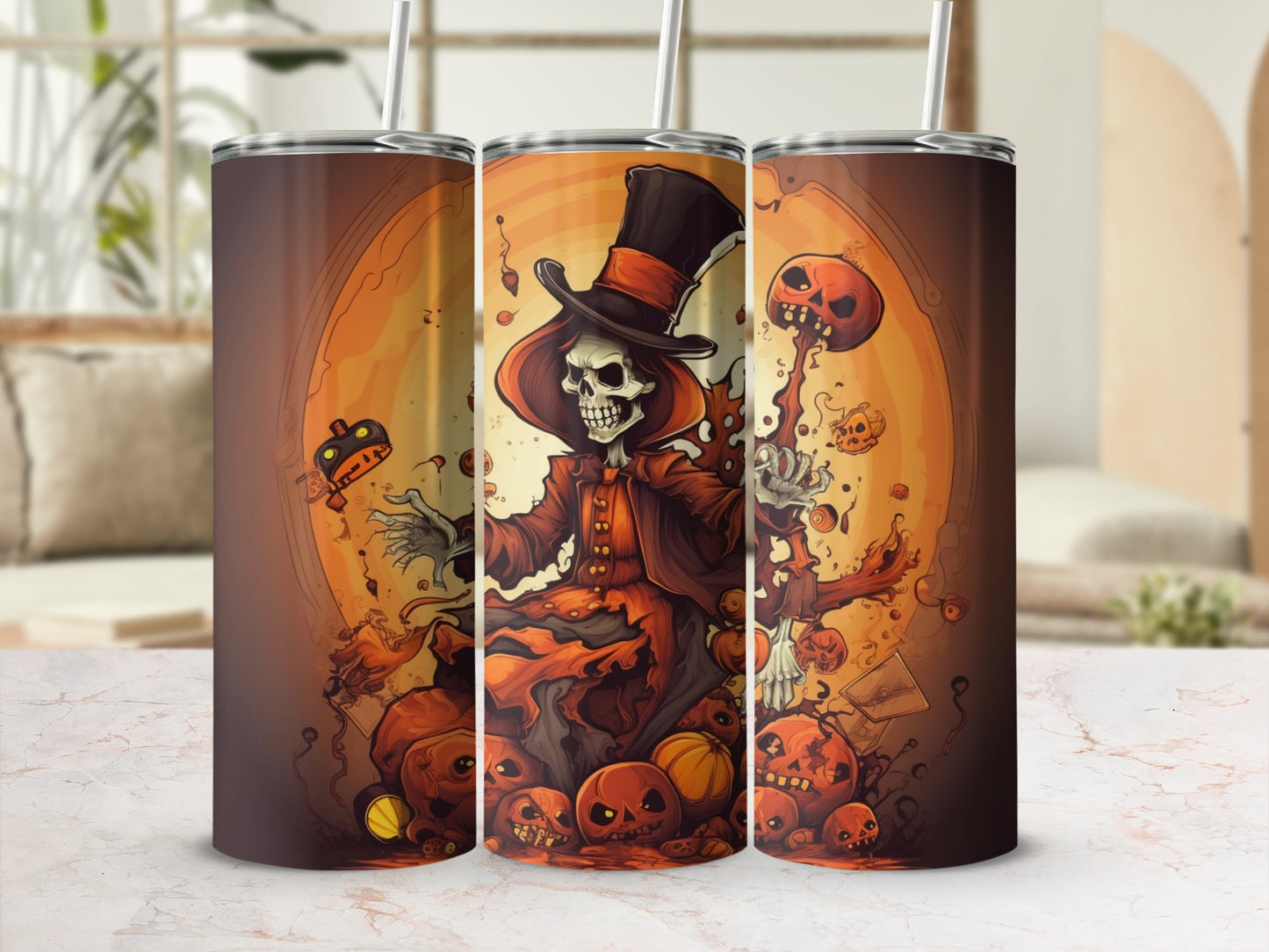 Spooky Skeleton With Pumpkins Halloween Tumbler Design