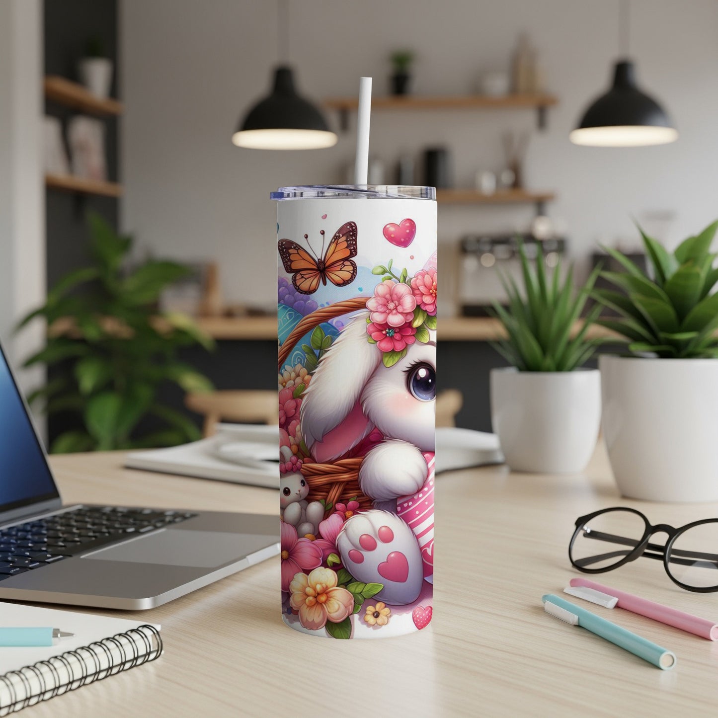 Easter bunny with flowers and basket on a white tumbler, white straw.
