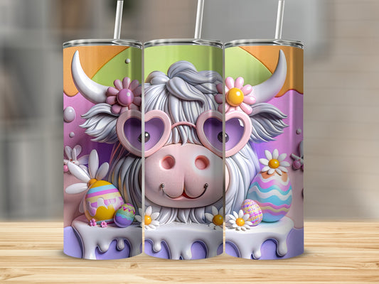 Three pastel-colored tumblers featuring a cartoon cow with heart-shaped glasses.