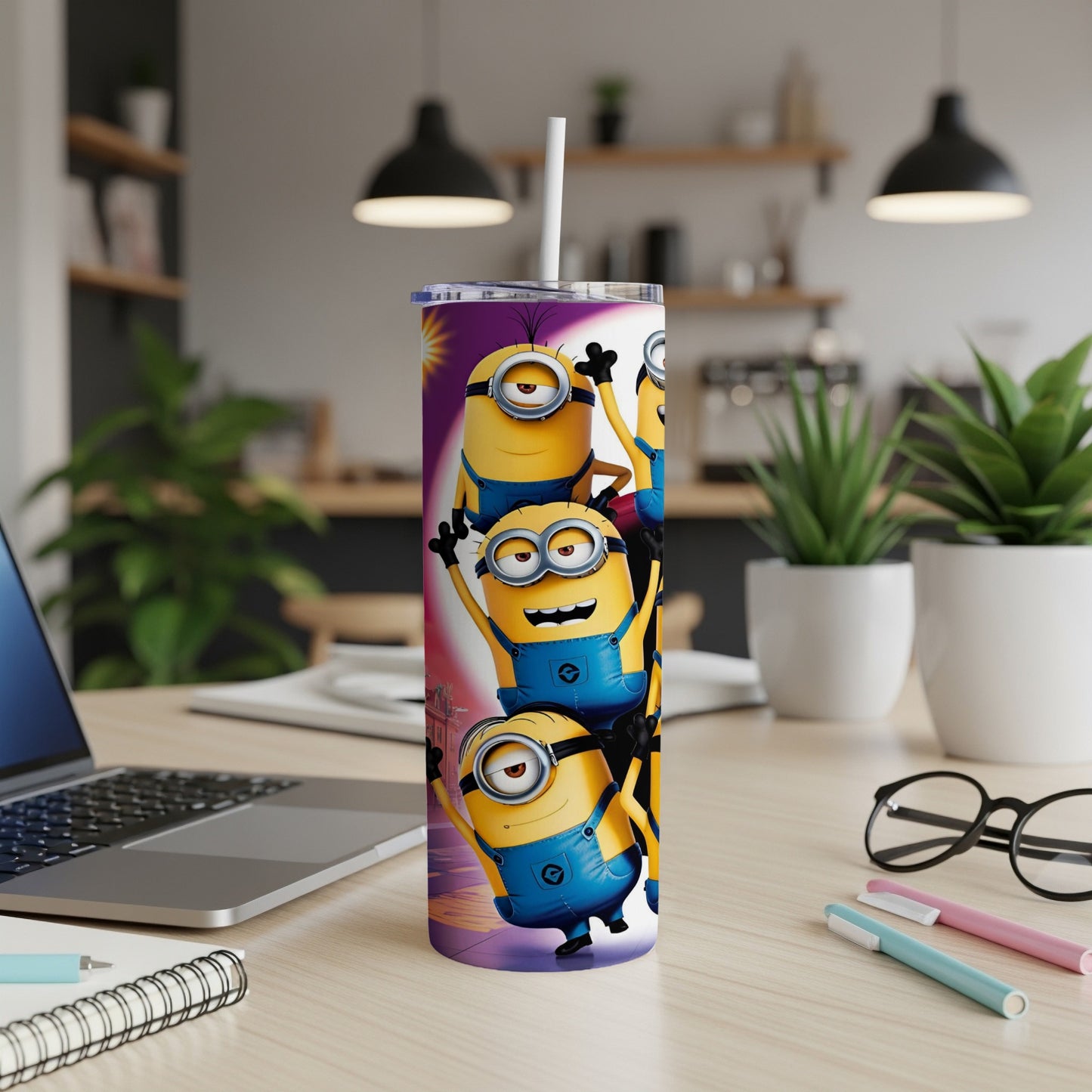 Five cartoon Minions character illustrations on a purple background on a tumbler.