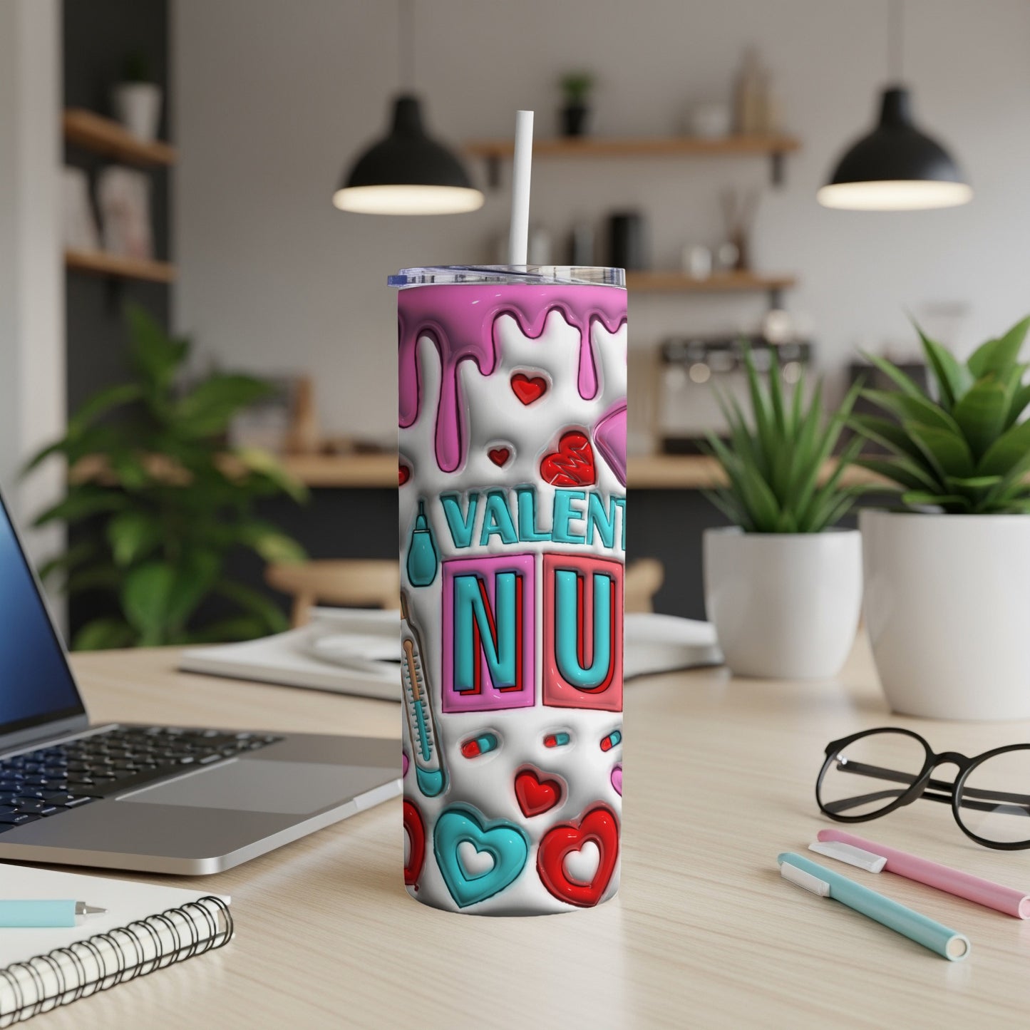 White tumbler with Valentine's Day nurse theme, dripping pink top.