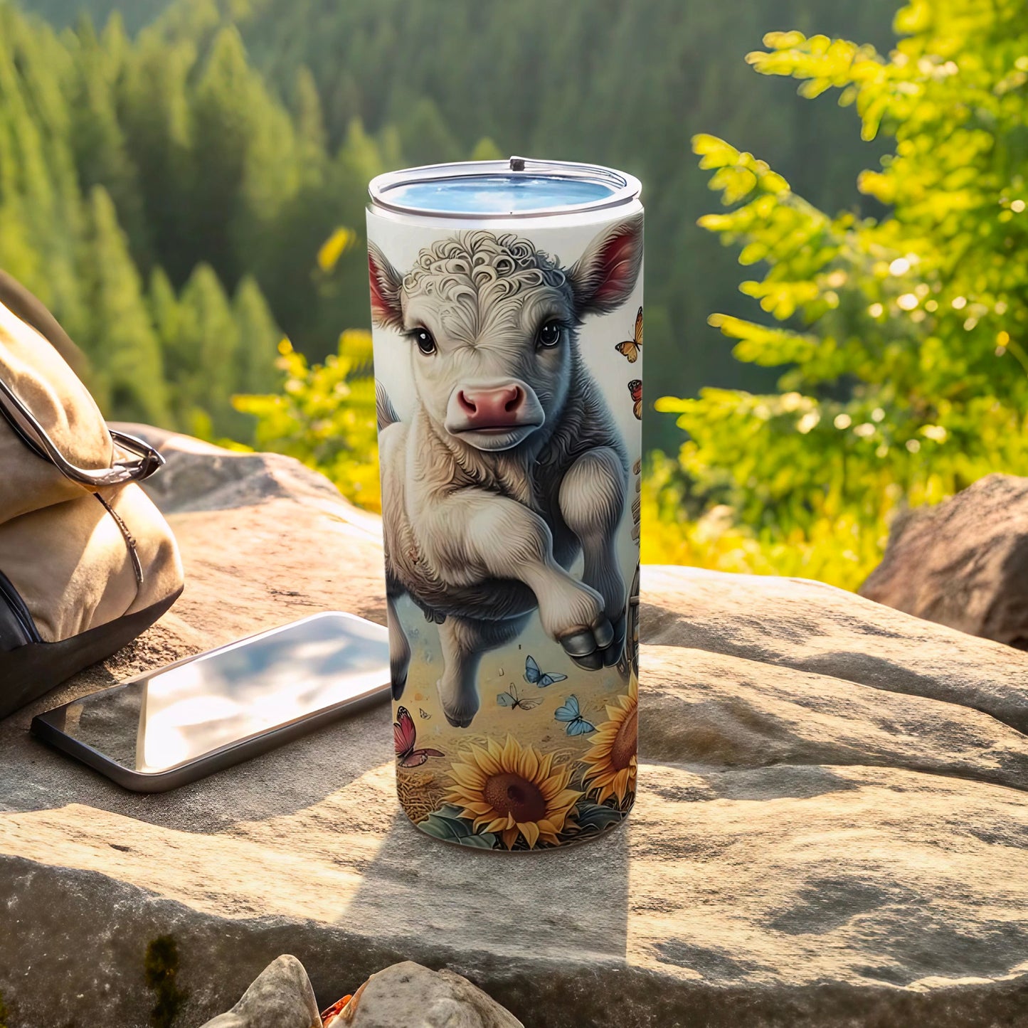 Cute Cow with Sunflowers and Butterflies Tumbler