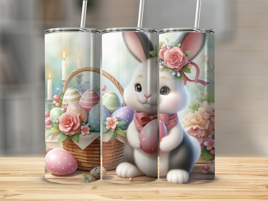 Easter bunny with basket of decorated eggs and pink bow.