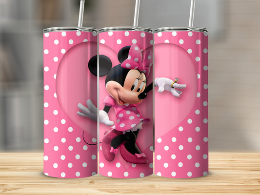 Pink tumbler with Minnie Mouse and white polka dots on pink background.