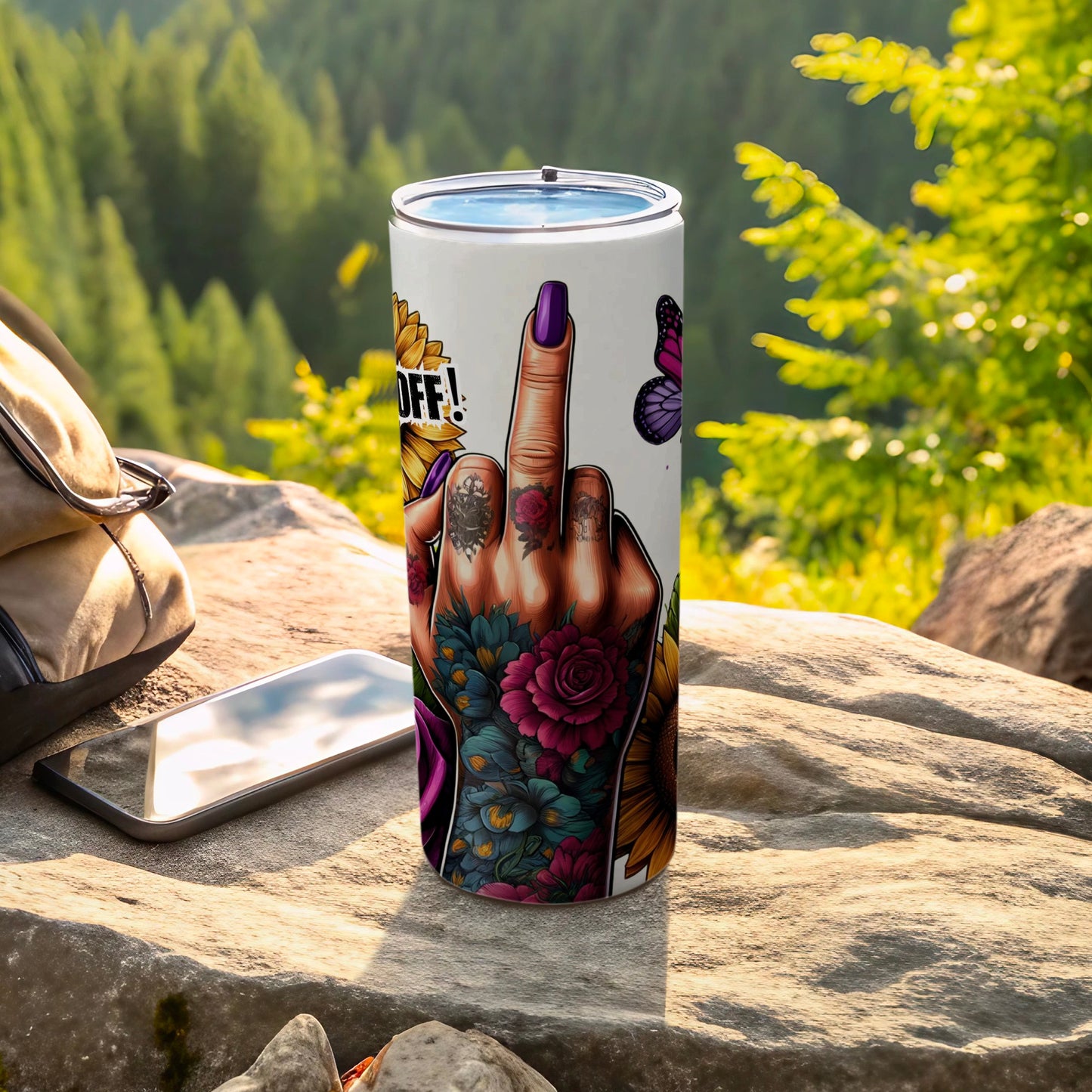 Tattooed Hand Middle Finger Sunflowers Butterflies Tumbler product type