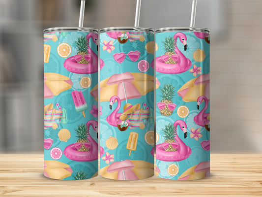 Three tumblers with a tropical flamingo and pineapple summer pattern.