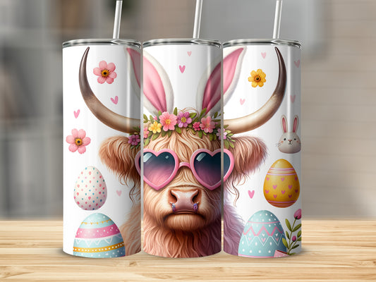 Highland cow with bunny ears and heart sunglasses, surrounded by Easter eggs and flowers.