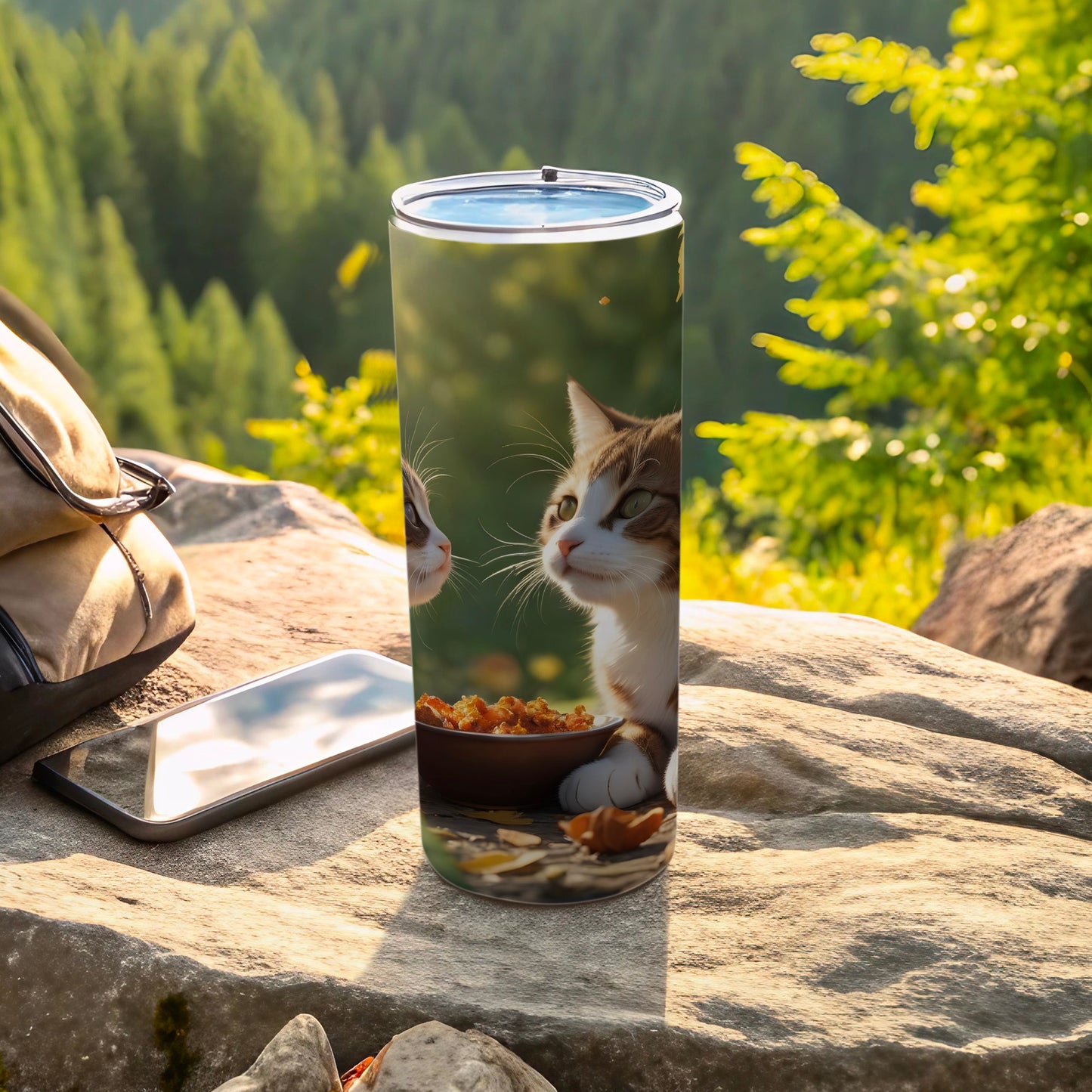 Cat's face on a tumbler with outdoor scenery in the background.