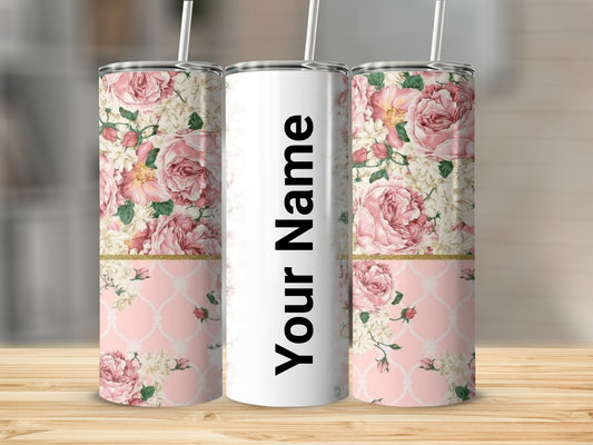 Personalized Pink Floral Pattern Tumbler with Straw