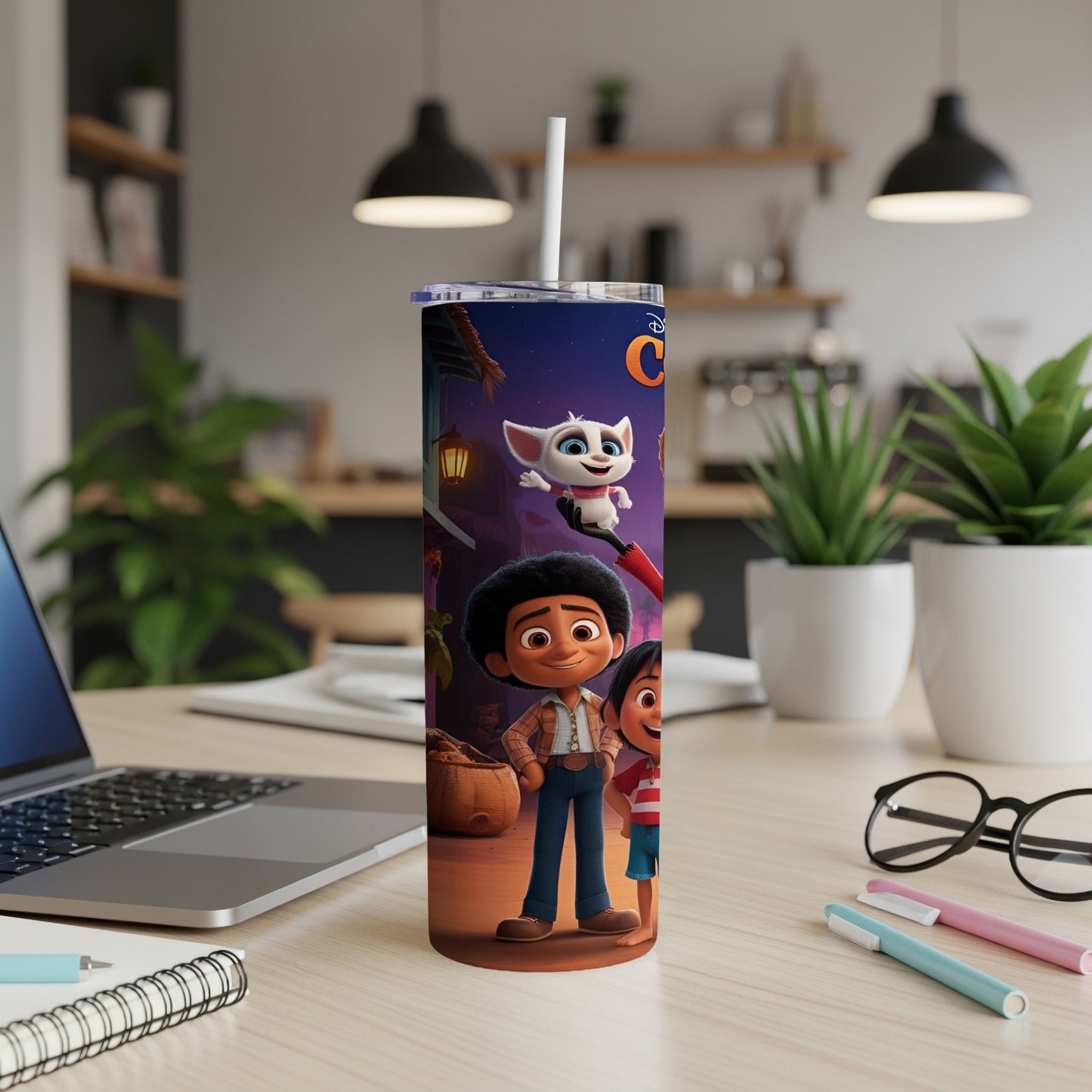 Cartoon characters on a purple tumbler with straw, set on a desk.