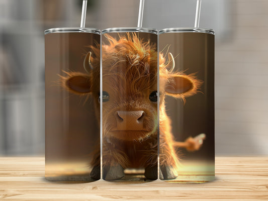 Fluffy baby Highland cow on three tumblers with straws.