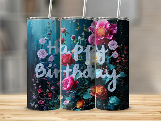 Floral birthday tumbler with pink and red roses on a dark blue background.
