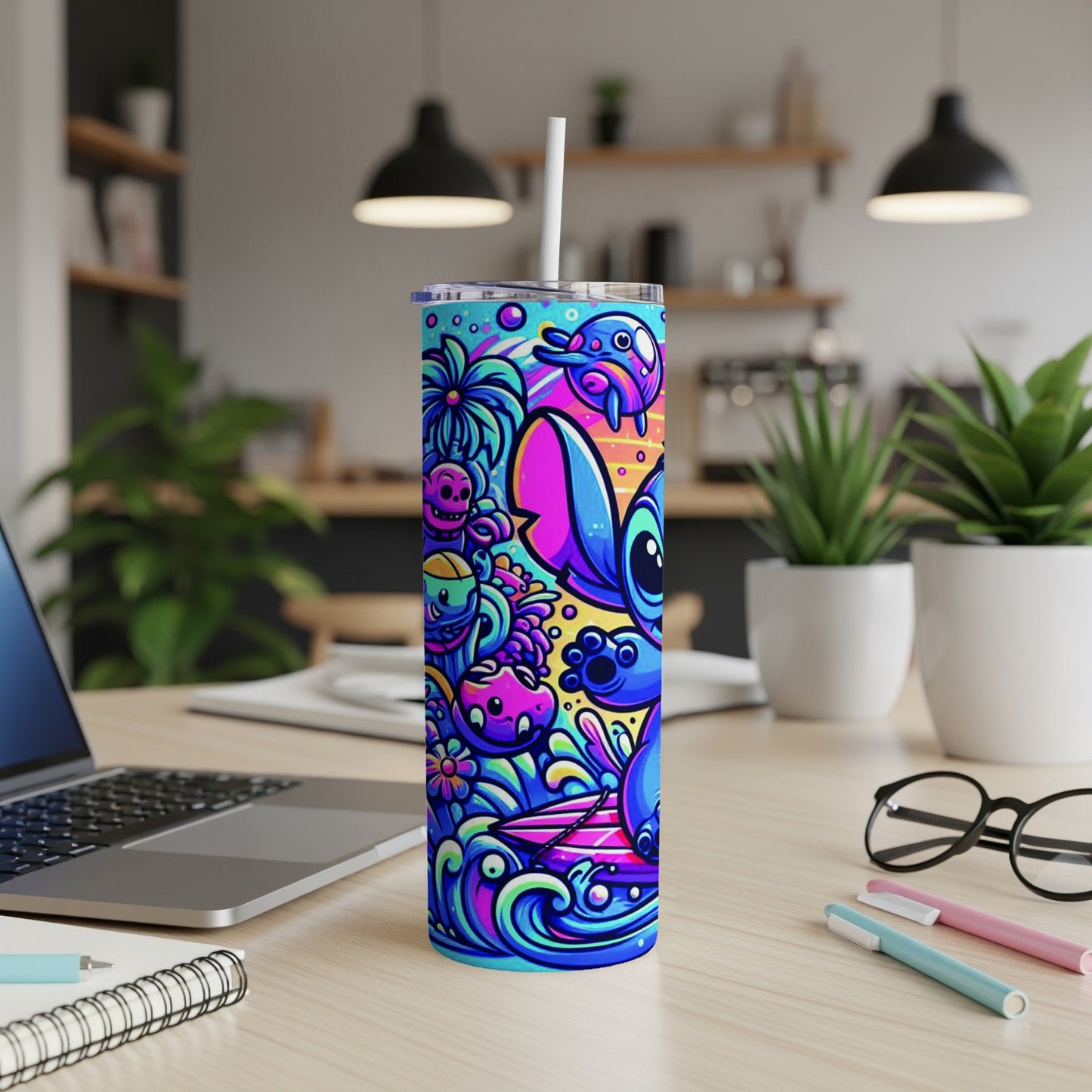 Tall tumbler with colorful cartoon characters, waves, and abstract shapes.