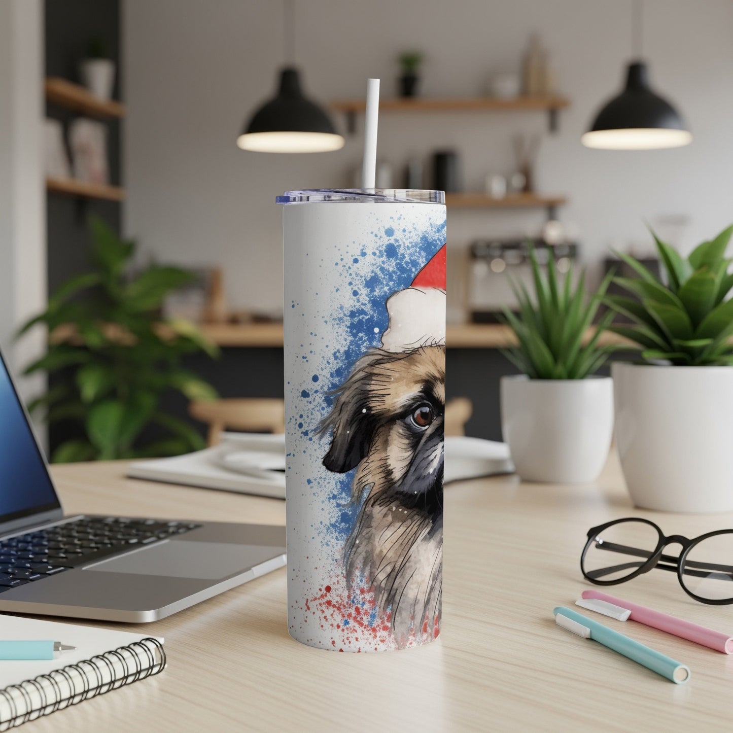 Shih Tzu dog wearing a Santa hat on a watercolor tumbler.