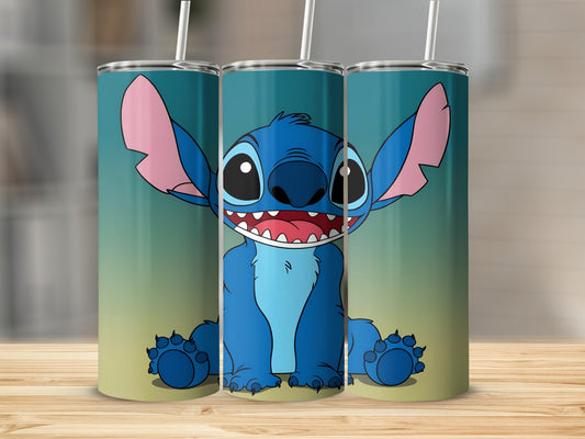 Blue cartoon alien character, Stitch, sitting on a table, smiling.