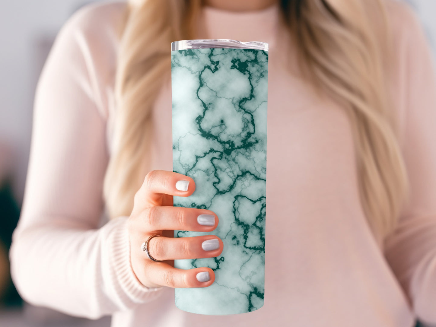 Emerald Green Veins on Pale Background Marble Look Tumblers