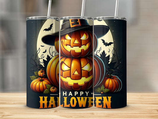 Stack of jack-o'-lanterns in witch hat with bats and moon, "Happy Halloween" text.